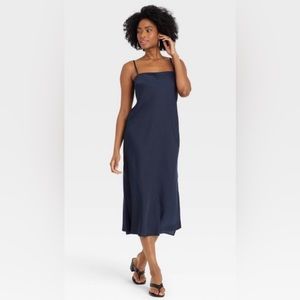 Navy Blue Slip Dress Sleeveless Midi Satin - A New Day